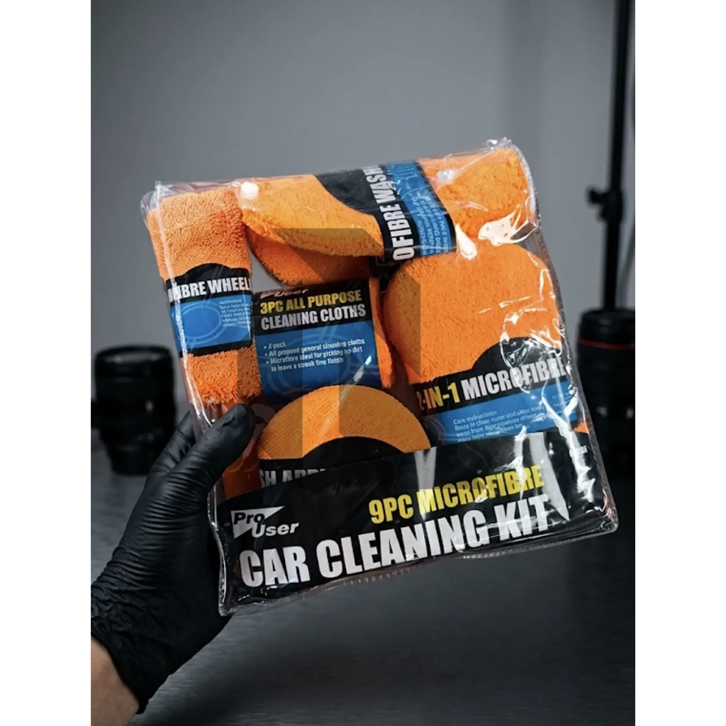 Pro User 9PC Microfibre Car Cleaning Kit – Car Wash, Wheel Brush, Cleaning Cloths, Wash Glove & Polishing Pad
