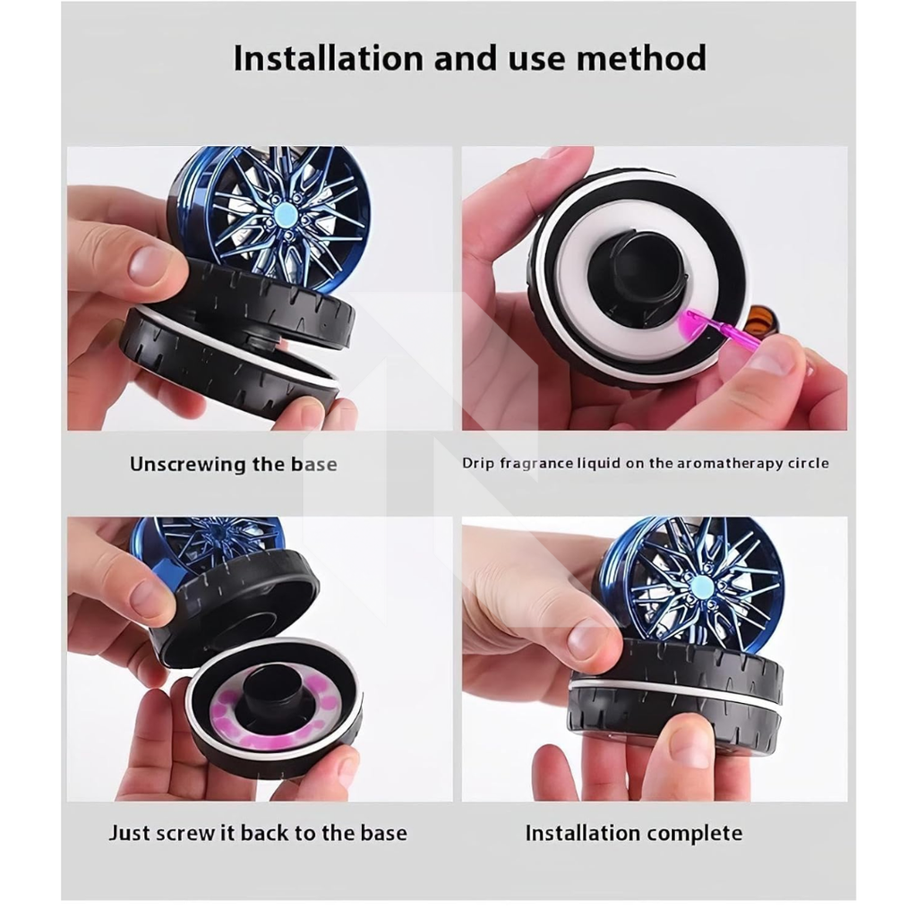 Solar Car Air Freshener Diffuser with Solar Rotation Wheel Hub Shape – Dashboard Car Perfume