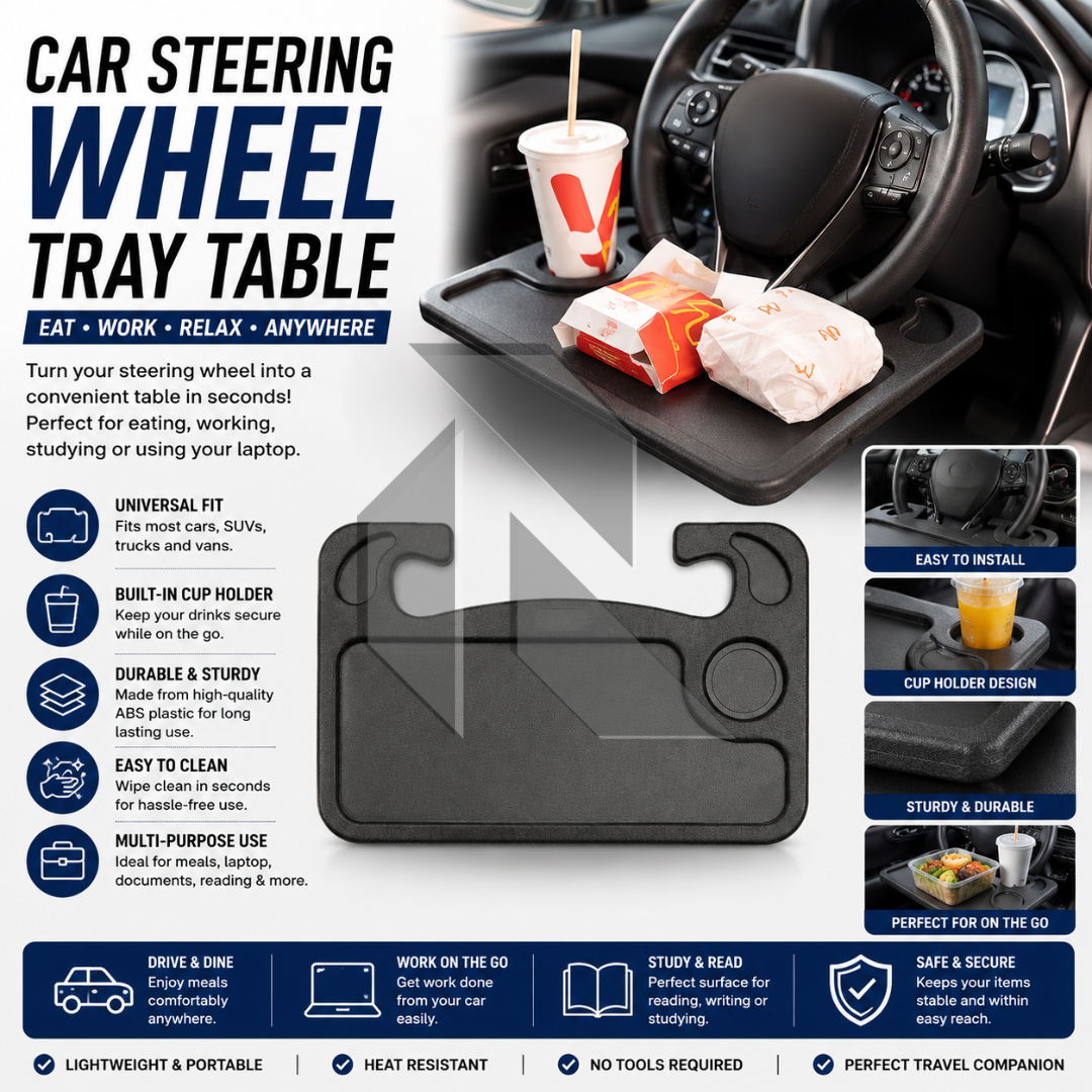 Car Steering Wheel Desk Tray – Multipurpose Laptop Table, Food Tray & Drink Holder for Travel