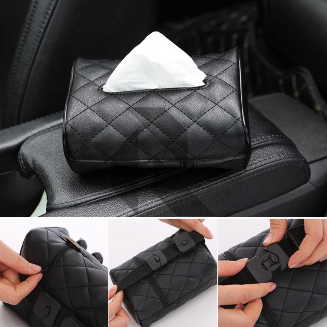 Premium Leather Car Tissue Holder – Universal Sun Visor & Back Seat Organizer