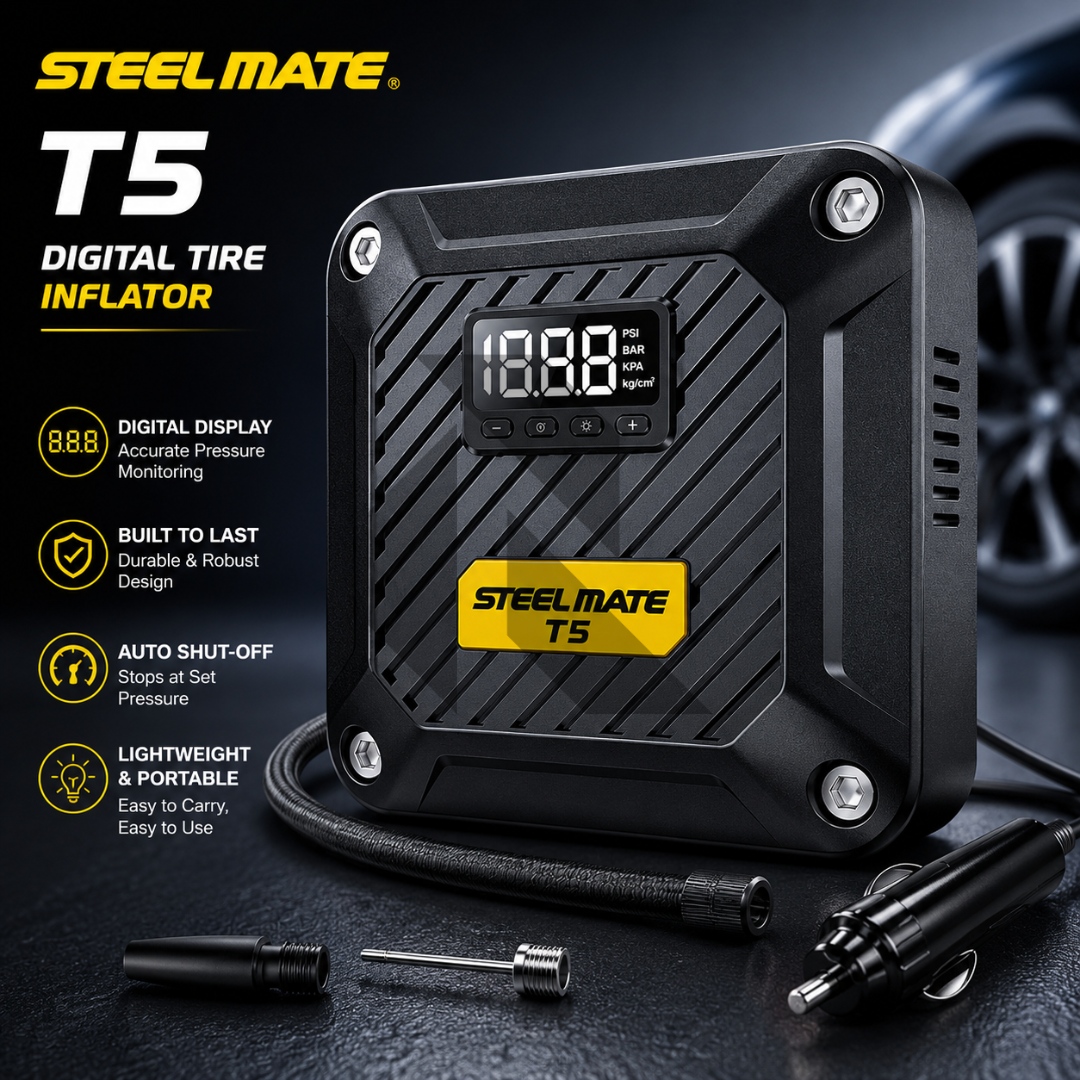 STEELMATE T5 Air Compressor Pump 12V DC Digital Tire Inflator with Auto Shut-Off & LED Emergency Light Main image