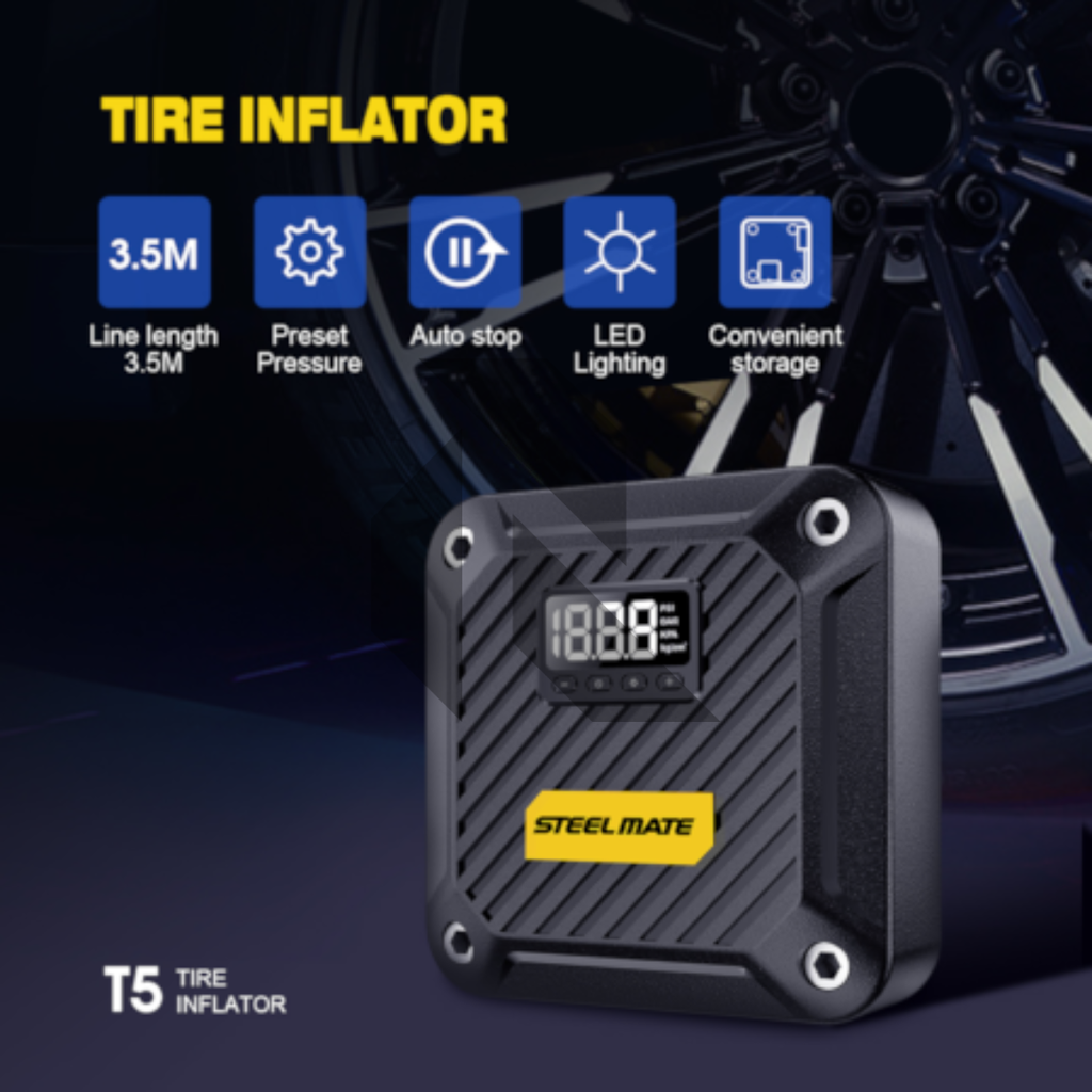 STEELMATE T5 Air Compressor Pump 12V DC Digital Tire Inflator with Auto Shut-Off & LED Emergency Light