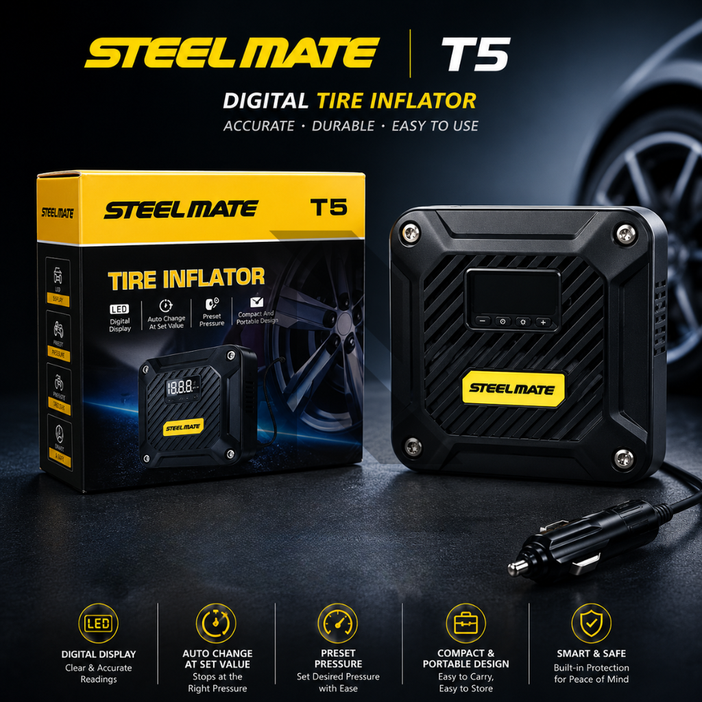 STEELMATE T5 Air Compressor Pump 12V DC Digital Tire Inflator with Auto Shut-Off & LED Emergency Light