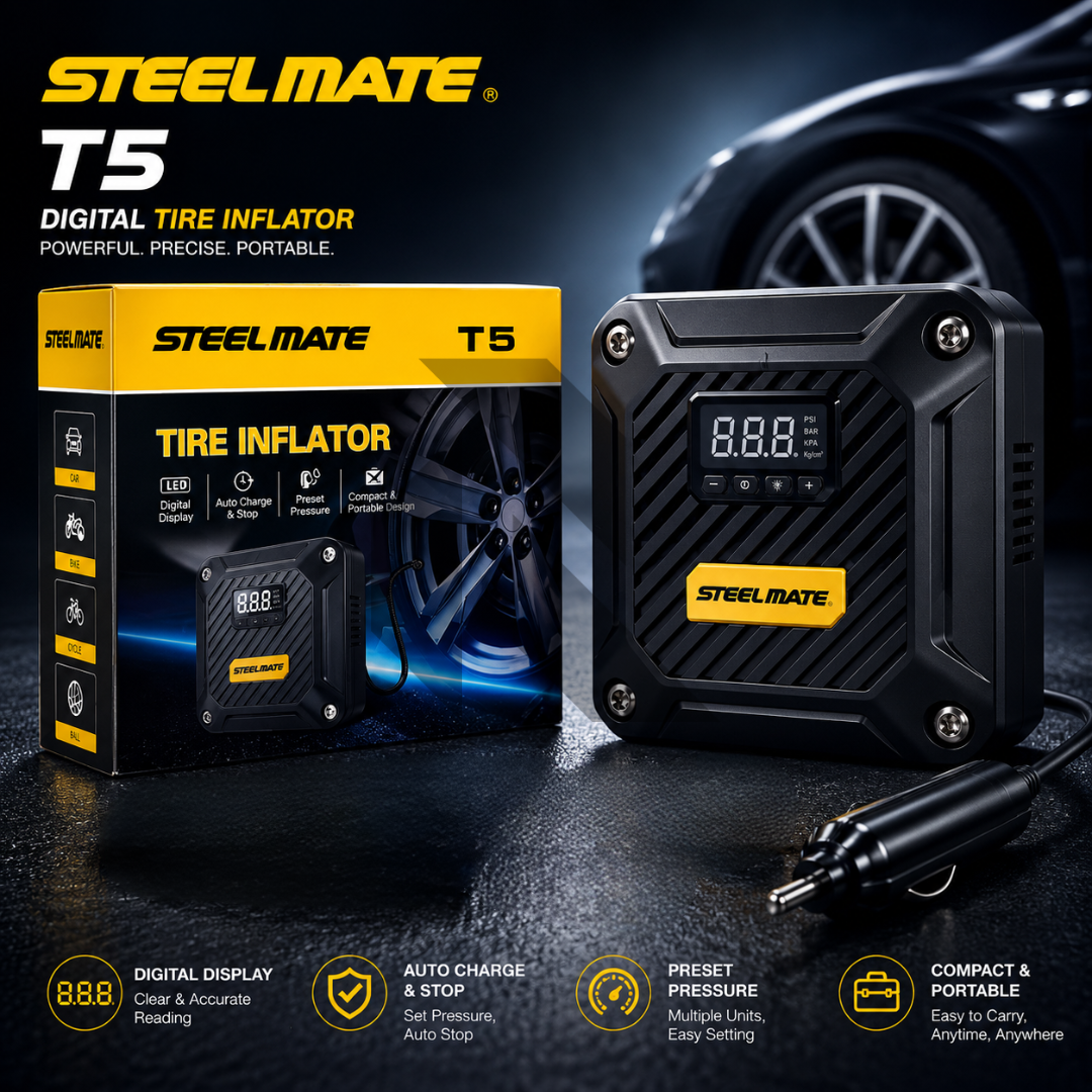 STEELMATE T5 Air Compressor Pump 12V DC Digital Tire Inflator with Auto Shut-Off & LED Emergency Light