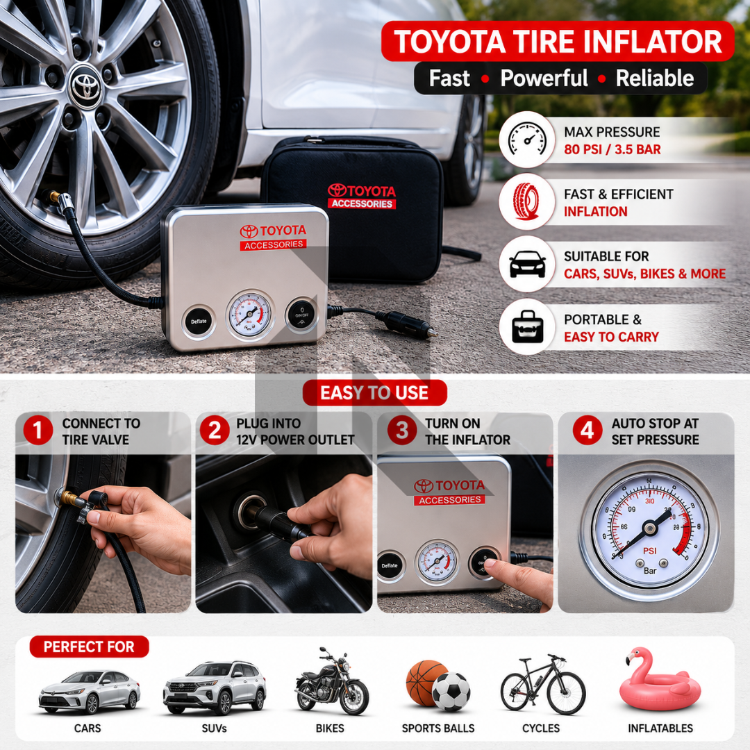 Toyota 12V Tire Inflator Air Compressor 80 PSI – Portable Car Air Pump with Pressure Gauge Main image