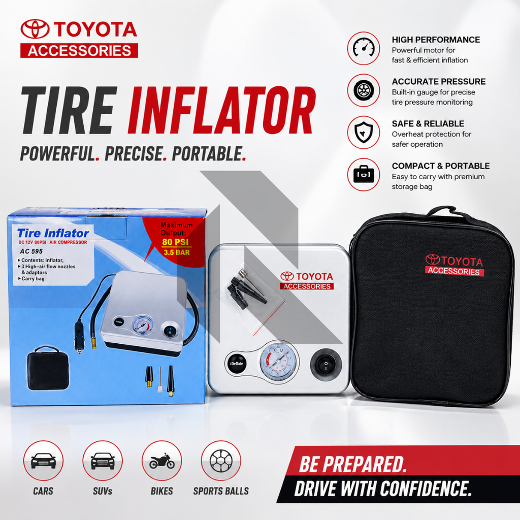 Toyota 12V Tire Inflator Air Compressor 80 PSI – Portable Car Air Pump with Pressure Gauge