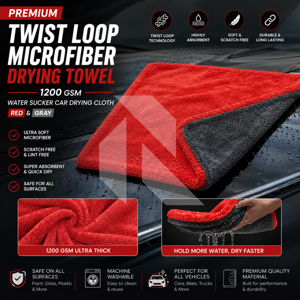 Premium Twist Loop Microfiber Drying Towel  – 1200 GSM Water Sucker Car Drying Cloth Red & Gray