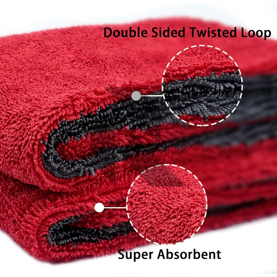 Premium Twist Loop Microfiber Drying Towel  – 1200 GSM Water Sucker Car Drying Cloth Red & Gray