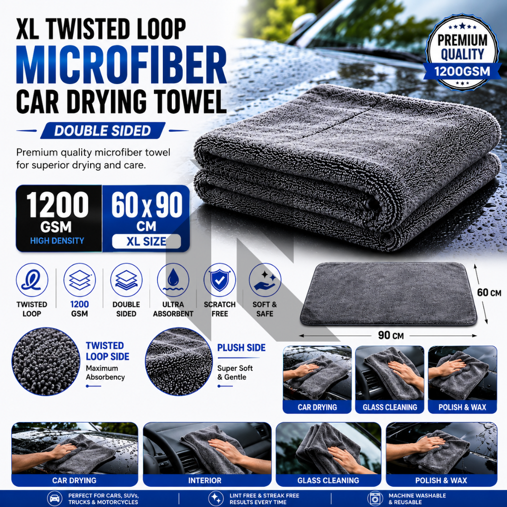 XL Twisted Loop Microfiber Car Drying Towel 1200 GSM – Double Sided Ultra Absorbent (60x90 CM)