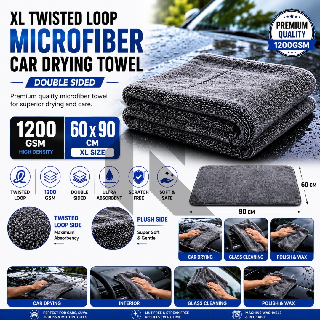XL Twisted Loop Microfiber Car Drying Towel 1200 GSM – Double Sided Ultra Absorbent (60x90 CM)