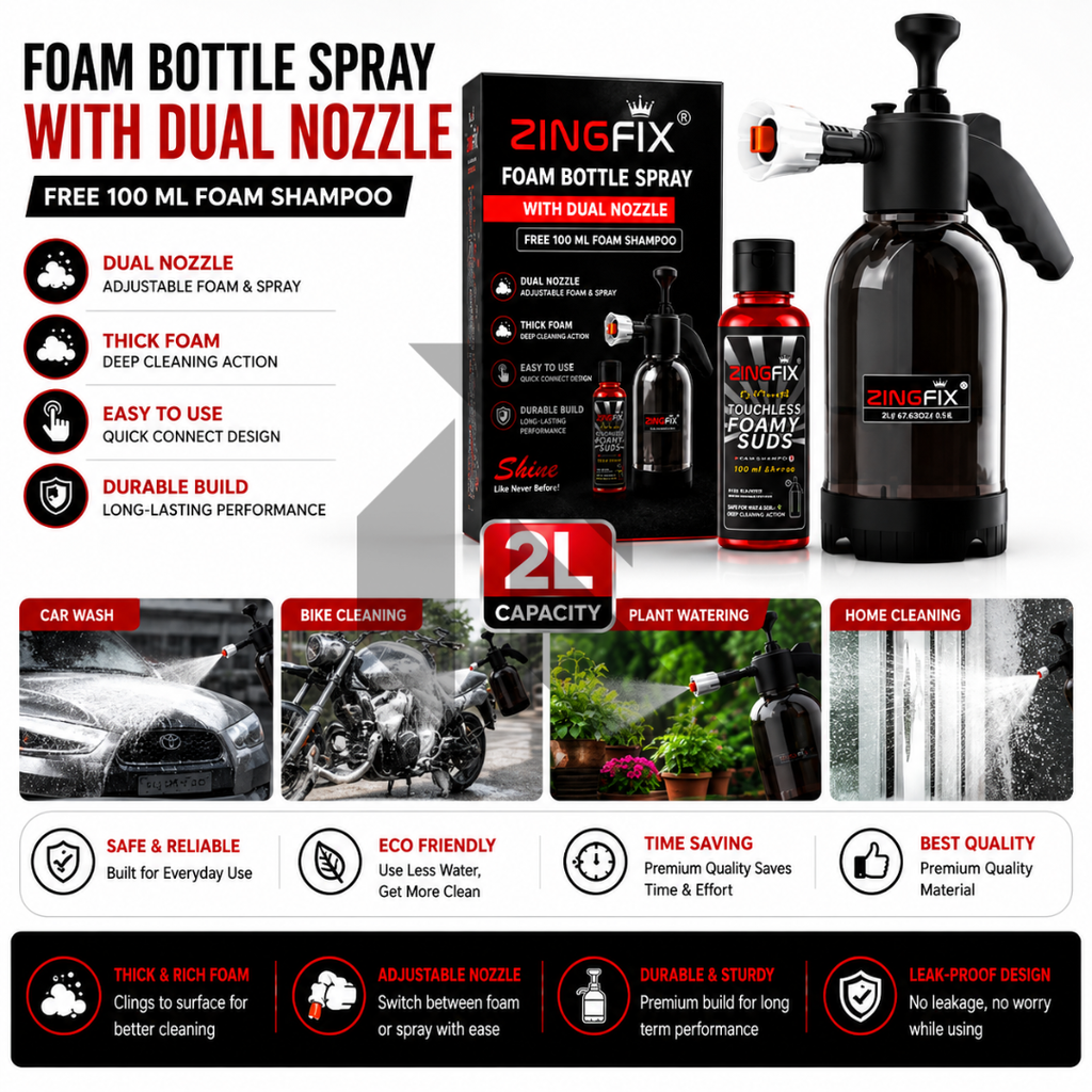 Zingfix Foam Bottle Spray with Dual Nozzle – Heavy Duty Foam Sprayer + Free 100ml Foam Shampoo
