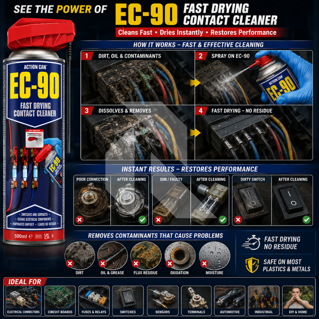 Action Can EC-90 Fast Drying Contact Cleaner 500ml – Electrical & Electronic Parts Cleaner with Twin Spray
