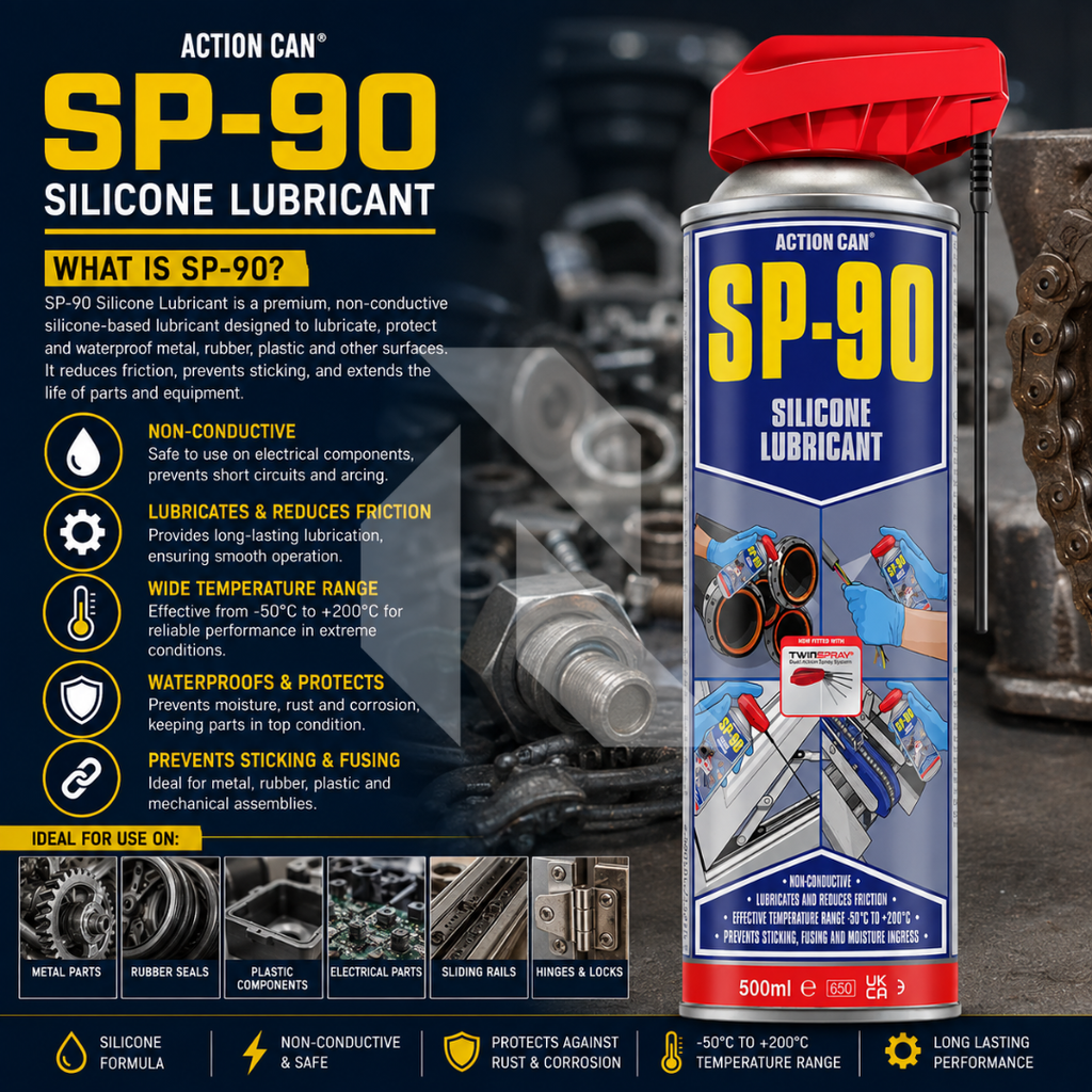 Action Can SP-90 Silicone Lubricant 500ml – Rubber, Plastic & Metal Protector with Twin Spray