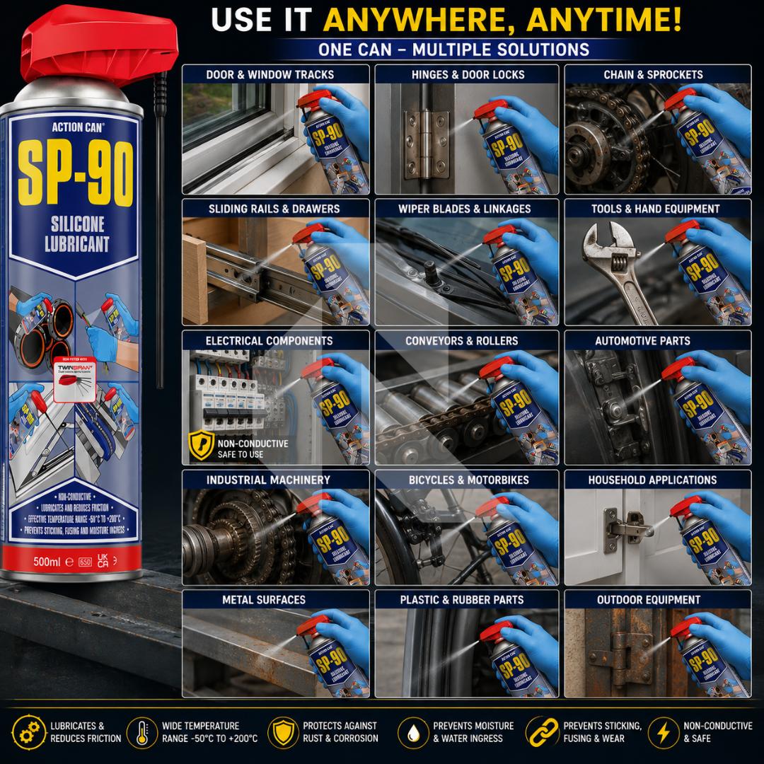 Action Can SP-90 Silicone Lubricant 500ml – Rubber, Plastic & Metal Protector with Twin Spray