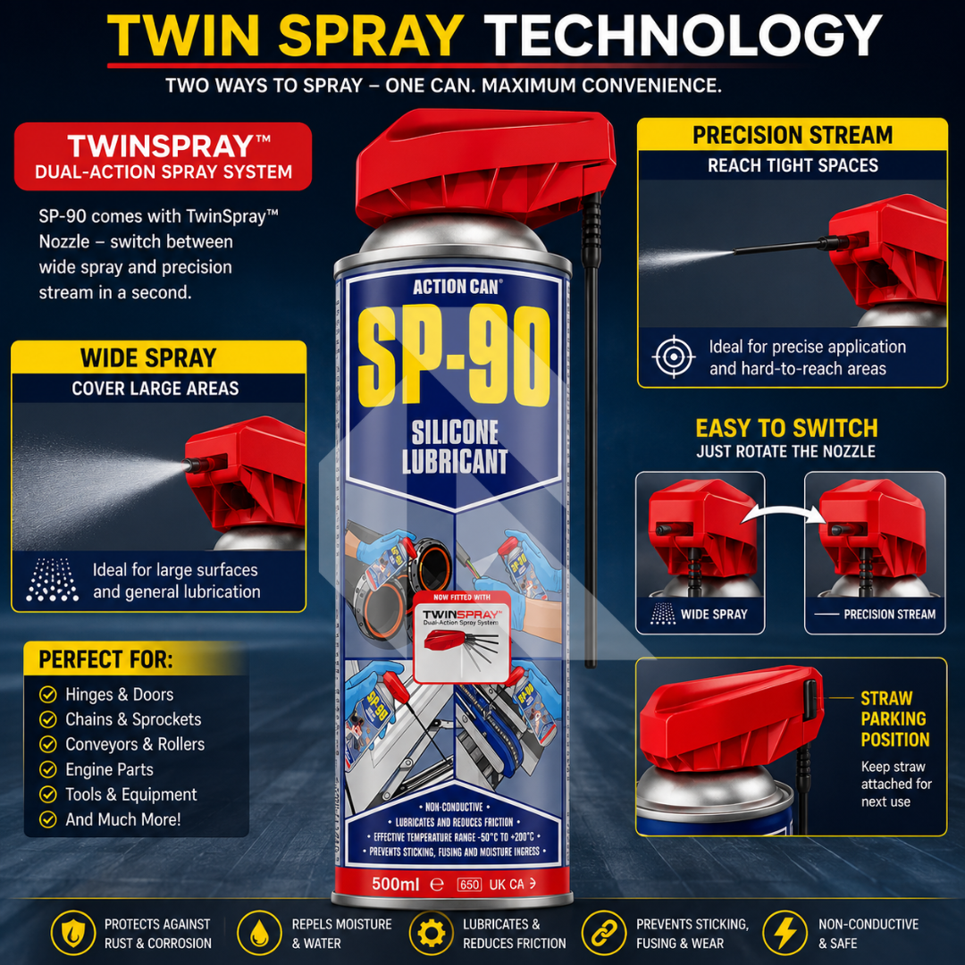 Action Can SP-90 Silicone Lubricant 500ml – Rubber, Plastic & Metal Protector with Twin Spray