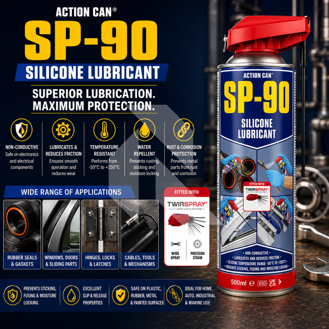 Action Can SP-90 Silicone Lubricant 500ml – Rubber, Plastic & Metal Protector with Twin Spray