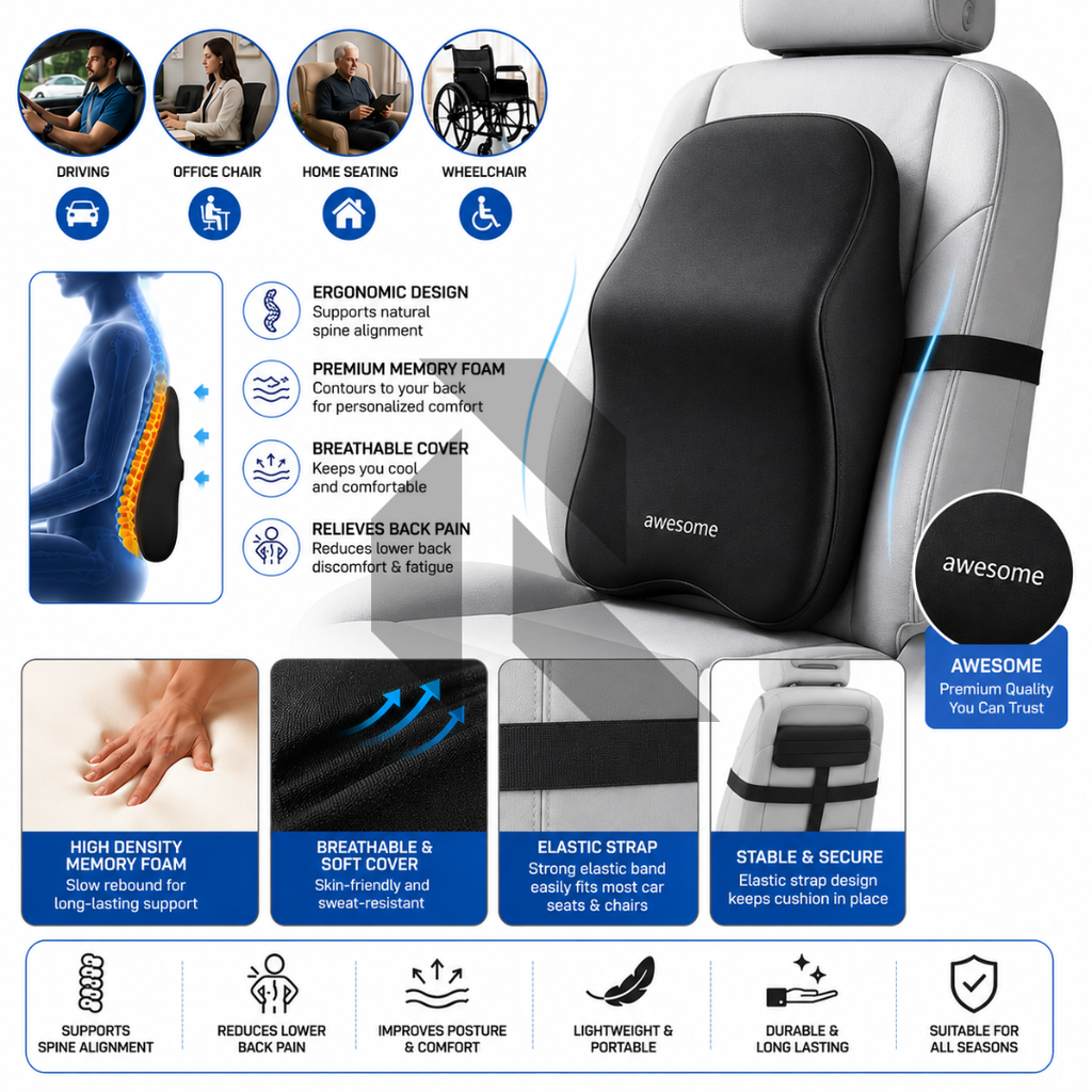 Awesome Ergonomic Memory Foam Lumbar Support Cushion – Back Support Pillow