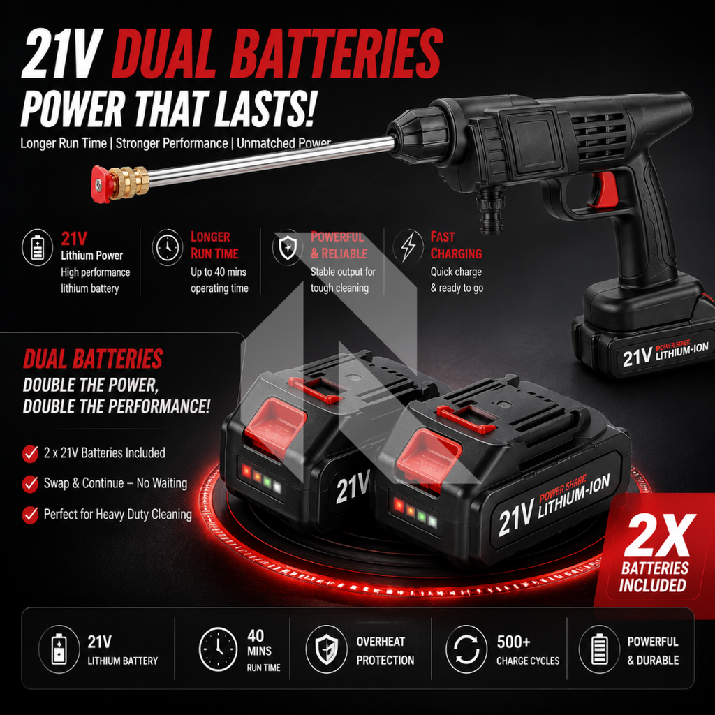 Portable Cordless High Pressure Car Washer with Dual 21V Batteries – Wireless Power Washer with Free 100ML Shampoo