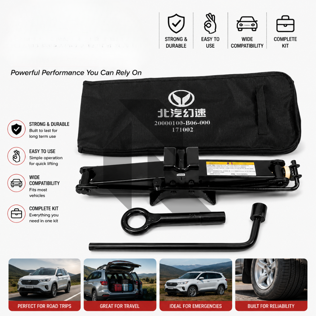 Heavy Duty Scissor Car Jack Kit with Lug Wrench, Tow Hook & Storage Bag – Vehicle Emergency Tool Set