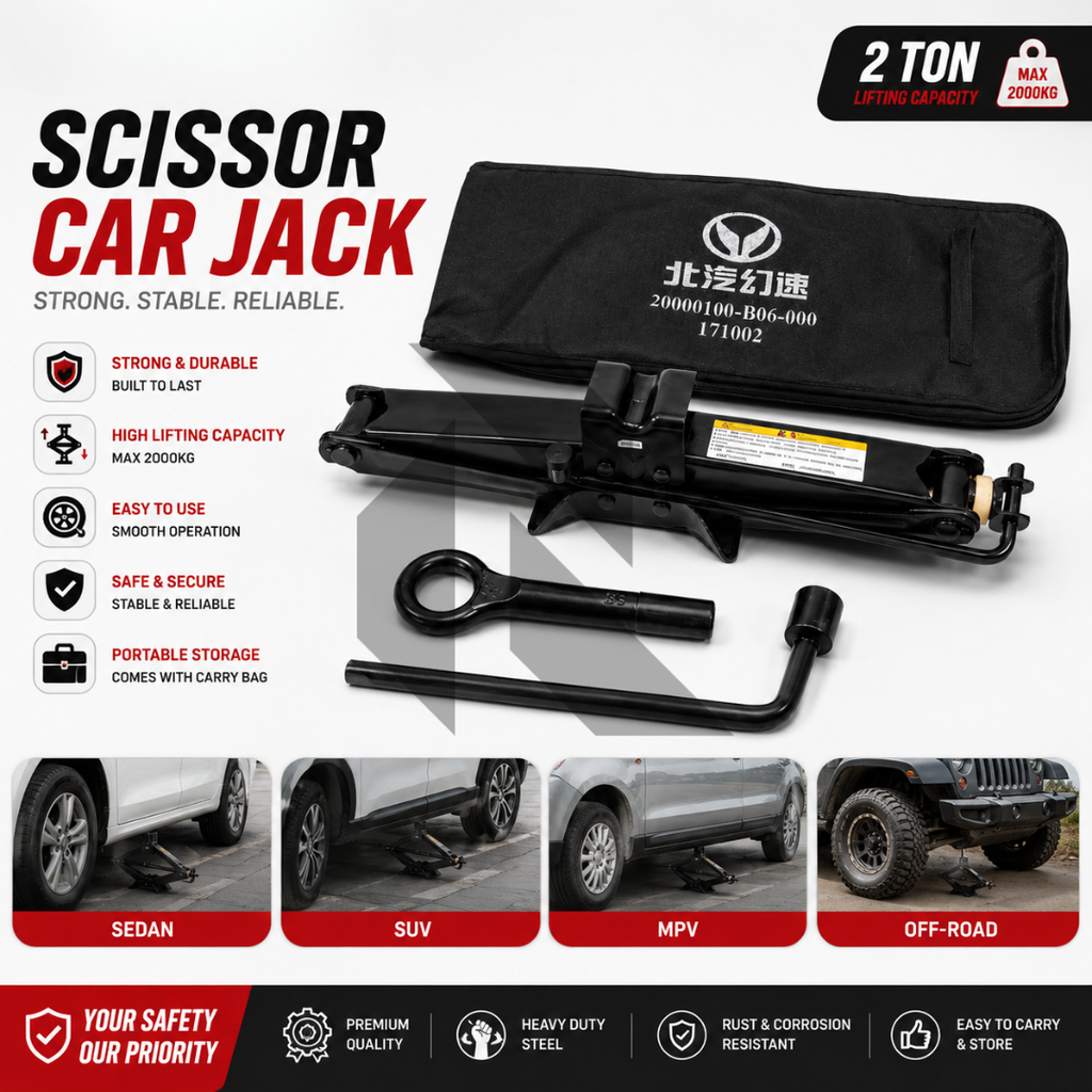 Heavy Duty Scissor Car Jack Kit with Lug Wrench, Tow Hook & Storage Bag – Vehicle Emergency Tool Set