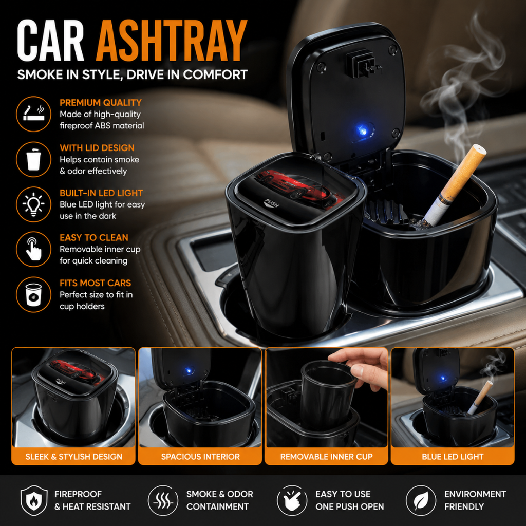 Universal Car Ashtray with Blue LED Light – Push Flip-Up Smokeless Ashtray