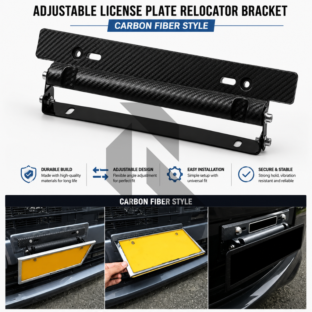 Universal Adjustable Car Number License Plate Frame Holder – Carbon Fiber Style Mount Bracket