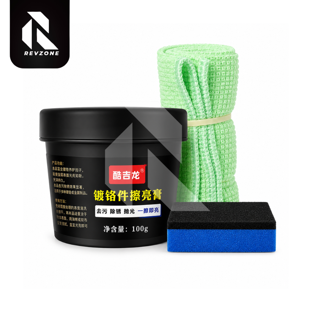 Chrome Polish 100g Kit – Metal & Chrome Shine Restorer with Applicator Sponge & Microfiber Cloth