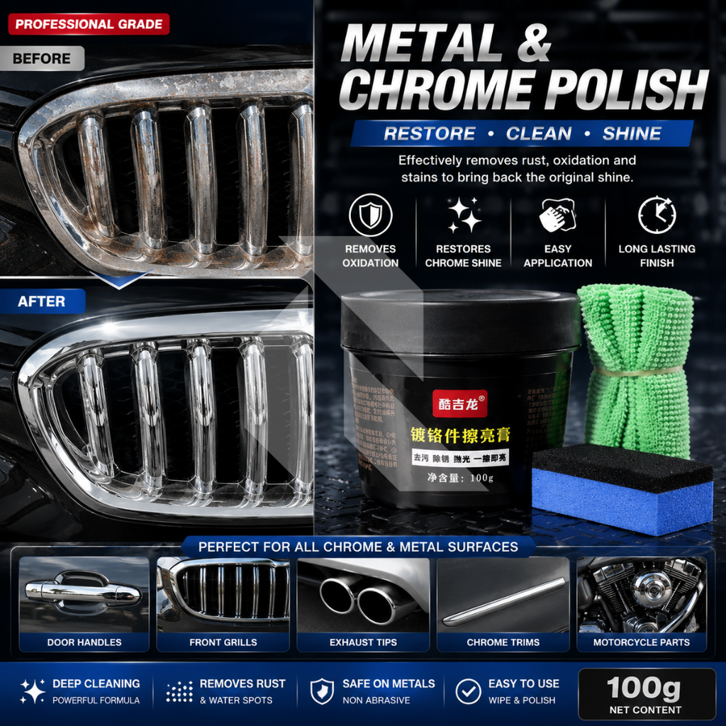 Chrome Polish 100g Kit – Metal & Chrome Shine Restorer with Applicator Sponge & Microfiber Cloth