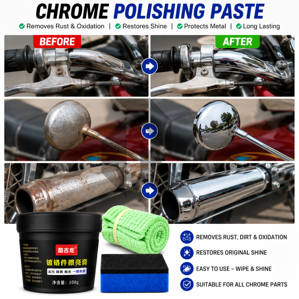 Chrome Polish 100g Kit – Metal & Chrome Shine Restorer with Applicator Sponge & Microfiber Cloth