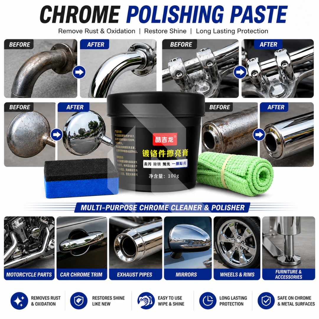 Chrome Polish 100g Kit – Metal & Chrome Shine Restorer with Applicator Sponge & Microfiber Cloth