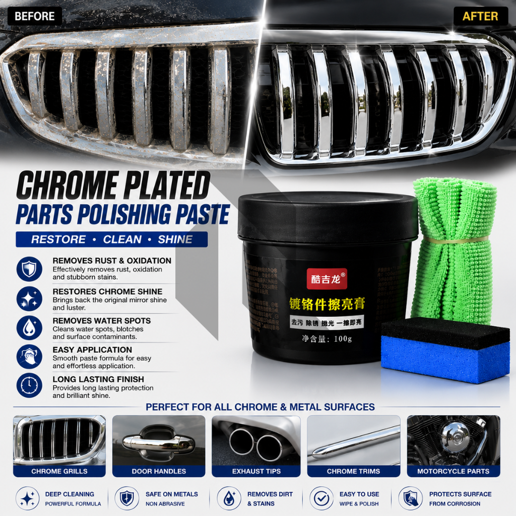 Chrome Polish 100g Kit – Metal & Chrome Shine Restorer with Applicator Sponge & Microfiber Cloth