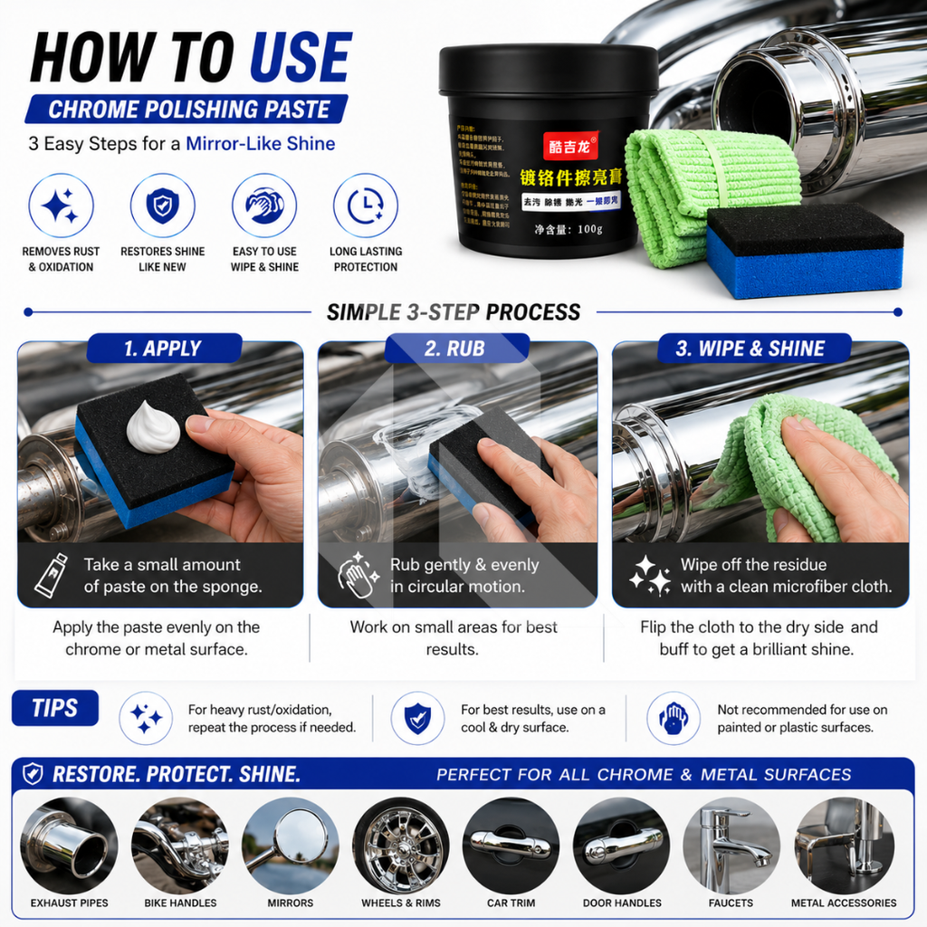 Chrome Polish 100g Kit – Metal & Chrome Shine Restorer with Applicator Sponge & Microfiber Cloth