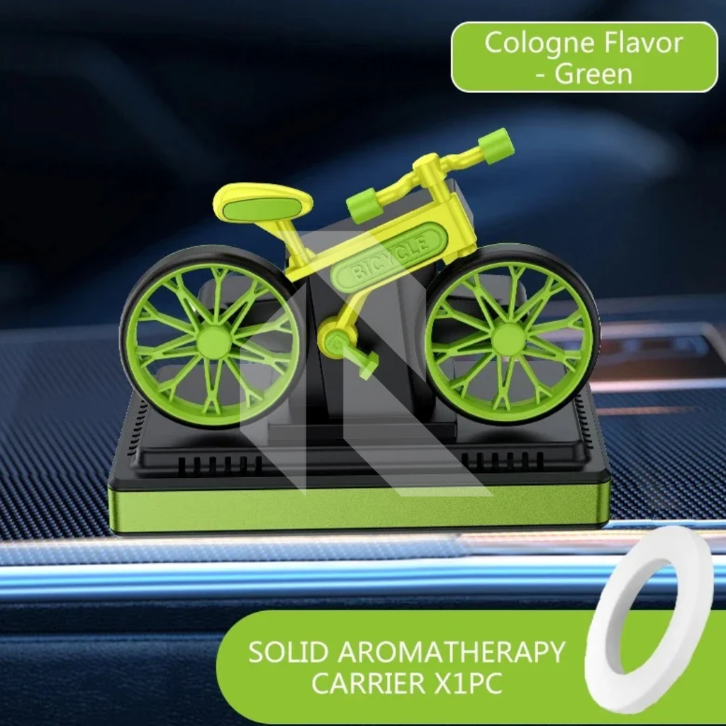 Solar Bicycle Car Dashboard Air Freshener – Rotating Wheels, 360° Solar Powered Car Perfume