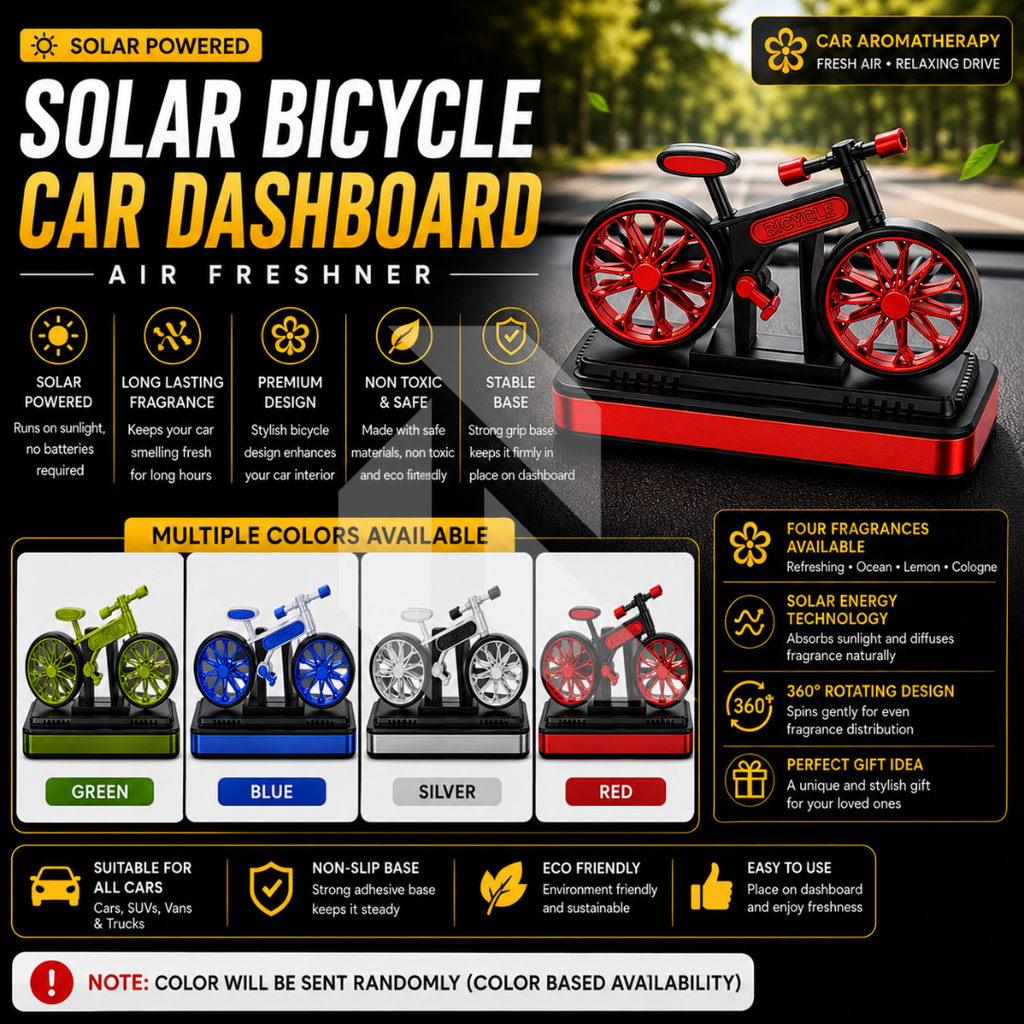 Solar Bicycle Car Dashboard Air Freshener – Rotating Wheels, 360° Solar Powered Car Perfume