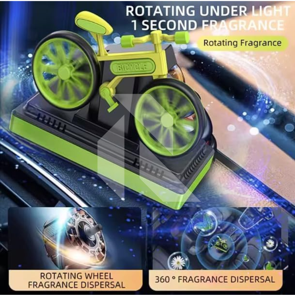 Solar Bicycle Car Dashboard Air Freshener – Rotating Wheels, 360° Solar Powered Car Perfume