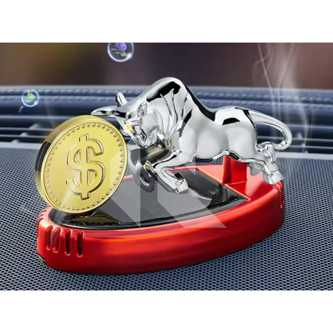 Bull With Dollar Mark Solar Car Dashboard Air Freshener – 360° Rotating Fragrance Decor