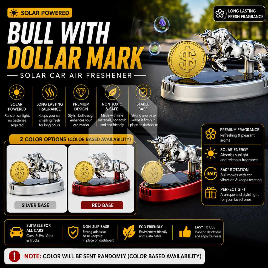 Bull With Dollar Mark Solar Car Dashboard Air Freshener – 360° Rotating Fragrance Decor