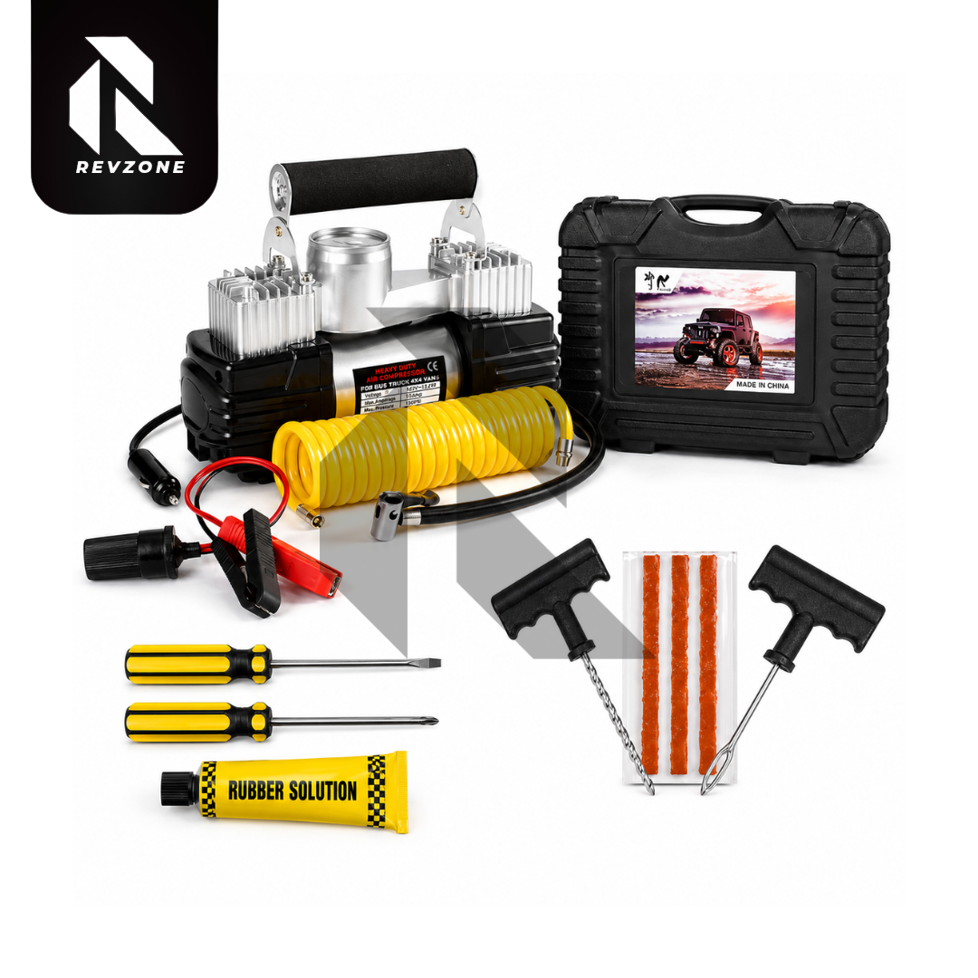 Dual Cylinder Air Compressor with Tire Repair Kit – Heavy Duty Portable Car Tyre Inflator Pump
