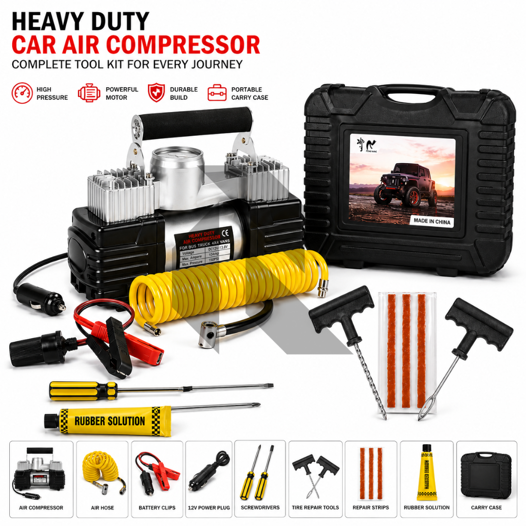 Dual Cylinder Air Compressor with Tire Repair Kit – Heavy Duty Portable Car Tyre Inflator Pump