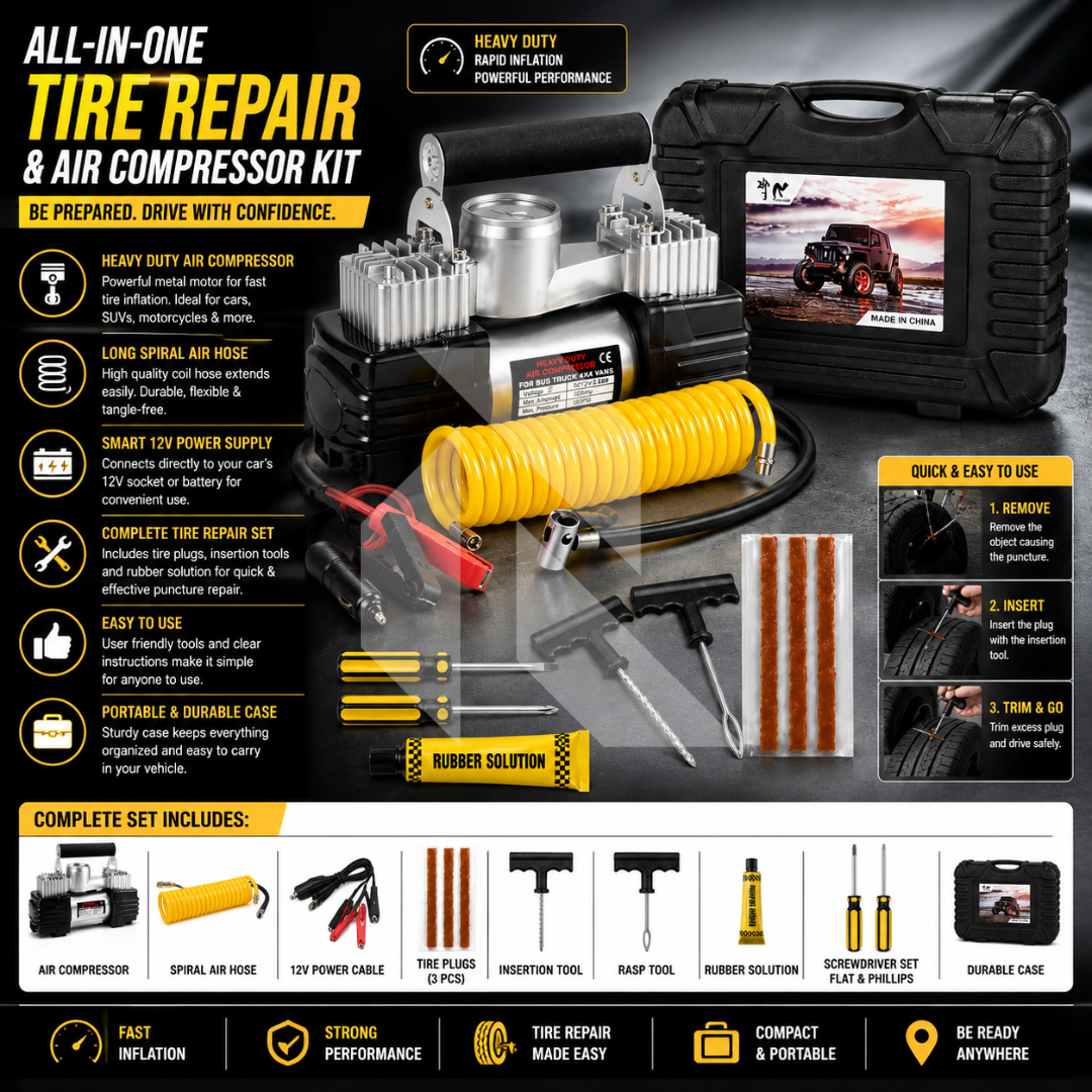Dual Cylinder Air Compressor with Tire Repair Kit – Heavy Duty Portable Car Tyre Inflator Pump