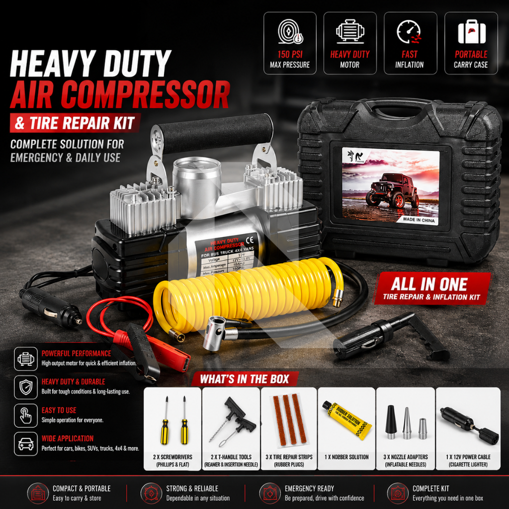 Dual Cylinder Air Compressor with Tire Repair Kit – Heavy Duty Portable Car Tyre Inflator Pump