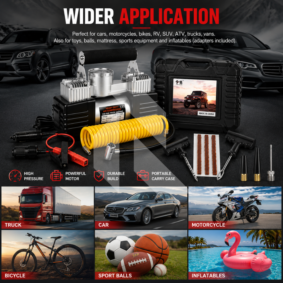 Dual Cylinder Air Compressor with Tire Repair Kit – Heavy Duty Portable Car Tyre Inflator Pump Secondary image