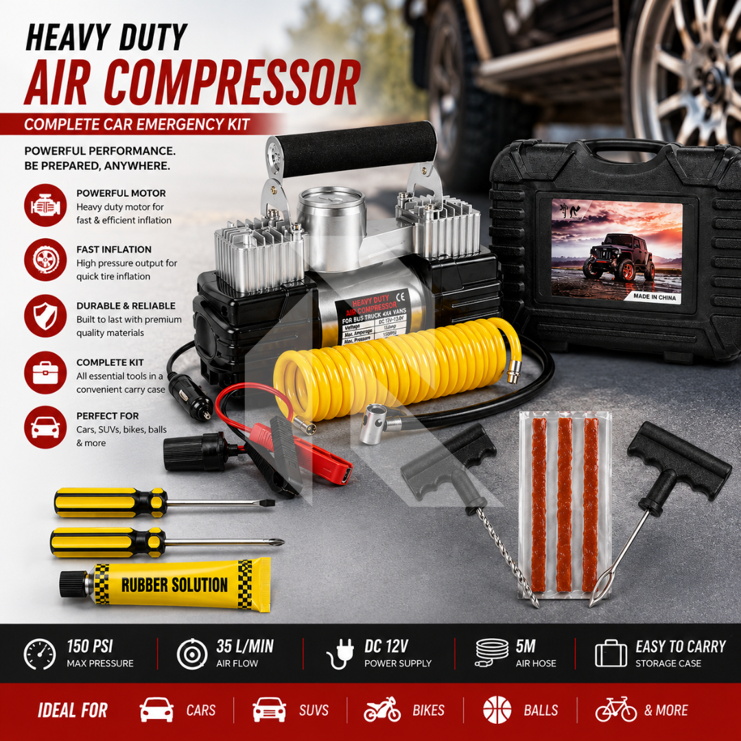 Dual Cylinder Air Compressor with Tire Repair Kit – Heavy Duty Portable Car Tyre Inflator Pump Main image