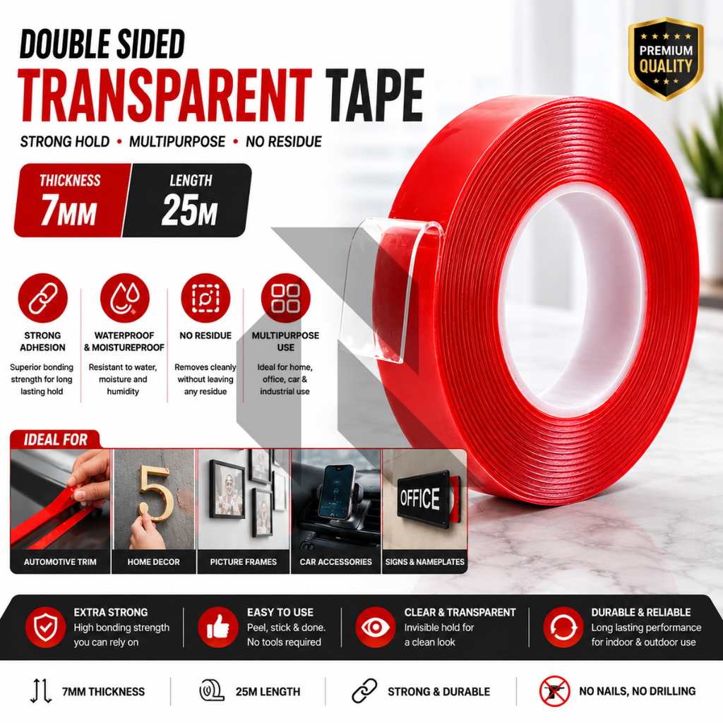 Double Sided Transparent Heavy Duty Adhesive Tape 7MM x 25M