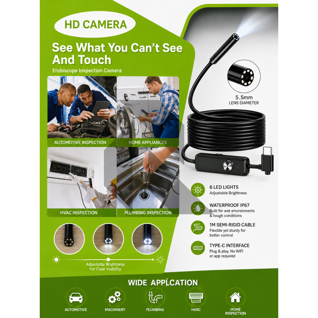 Mini HD Endoscope Inspection Camera 1M Semi-Rigid Cable | 5.5mm Lens | Type-C | IP67 Waterproof | 6 LED Adjustable Lights