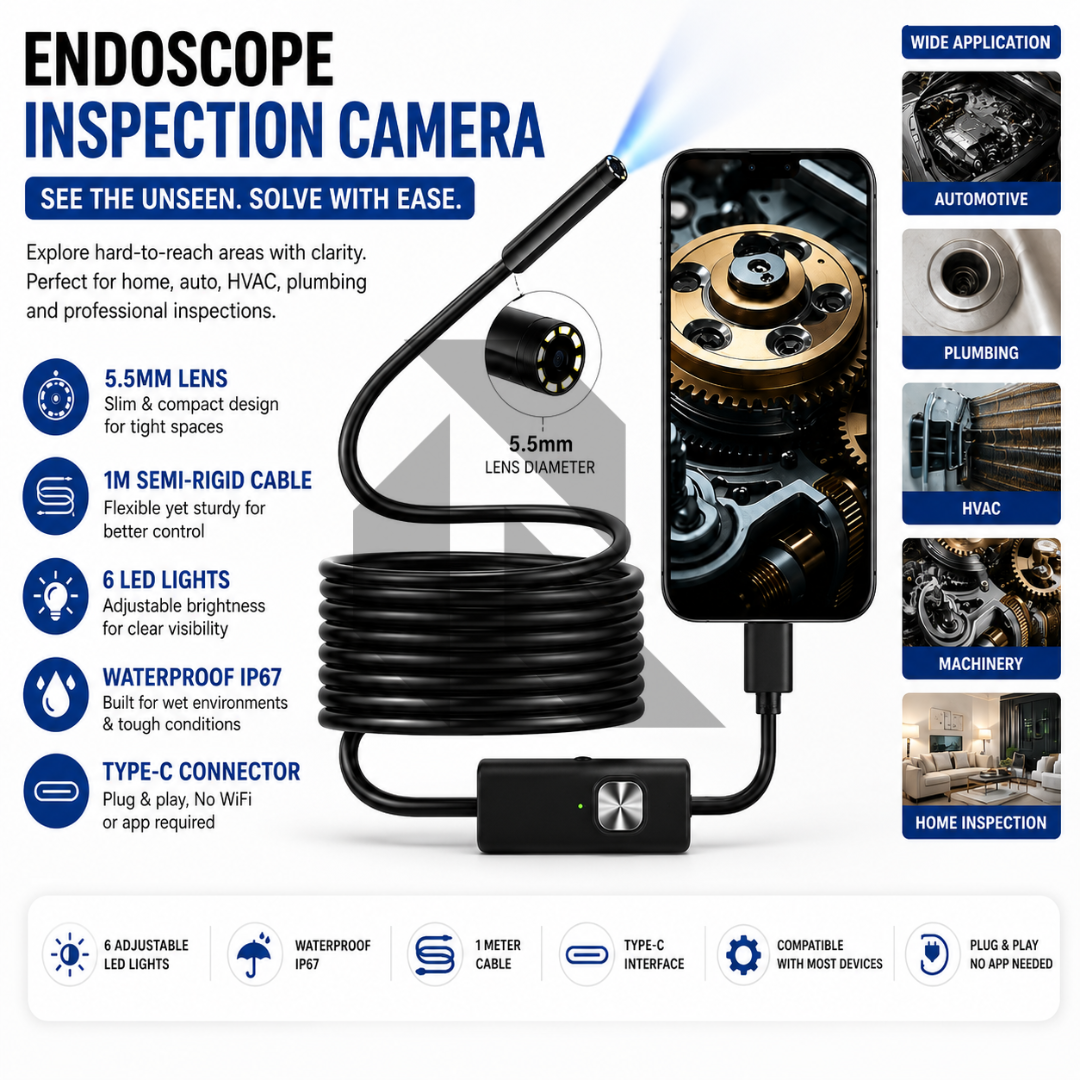 Mini HD Endoscope Inspection Camera 1M Semi-Rigid Cable | 5.5mm Lens | Type-C | IP67 Waterproof | 6 LED Adjustable Lights