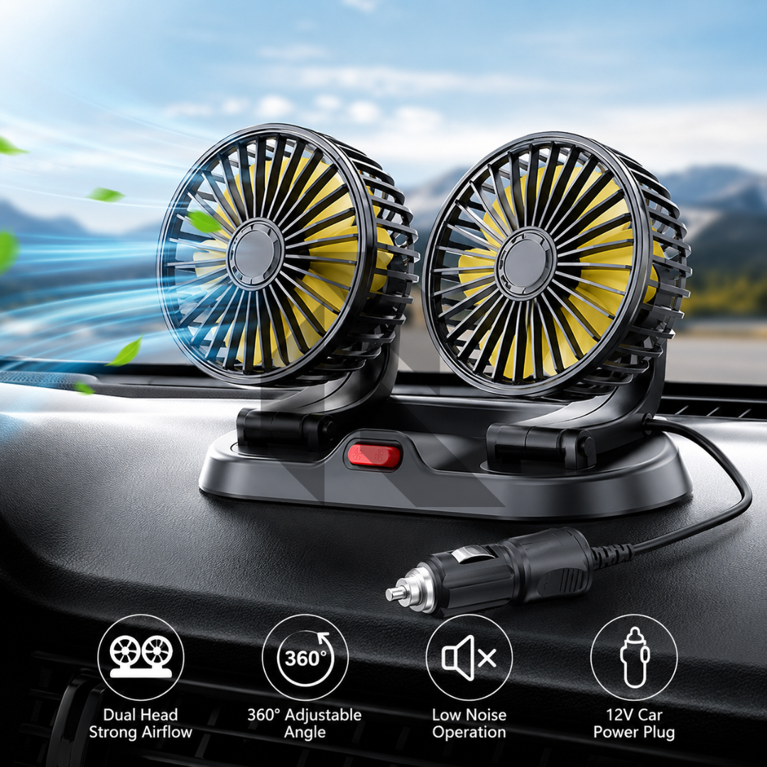F410 Universal Powerful Cooling Fan 12V – Dual Head 360° Rotatable Car Dashboard Fan Main image
