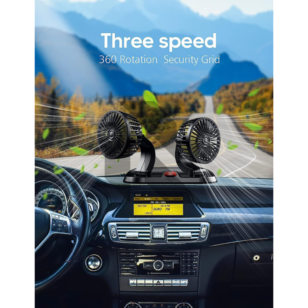 F410 Universal Powerful Cooling Fan 12V – Dual Head 360° Rotatable Car Dashboard Fan