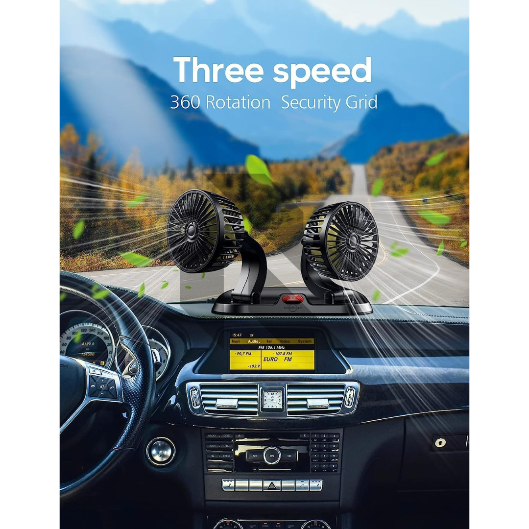 F410 Universal Powerful Cooling Fan 12V – Dual Head 360° Rotatable Car Dashboard Fan