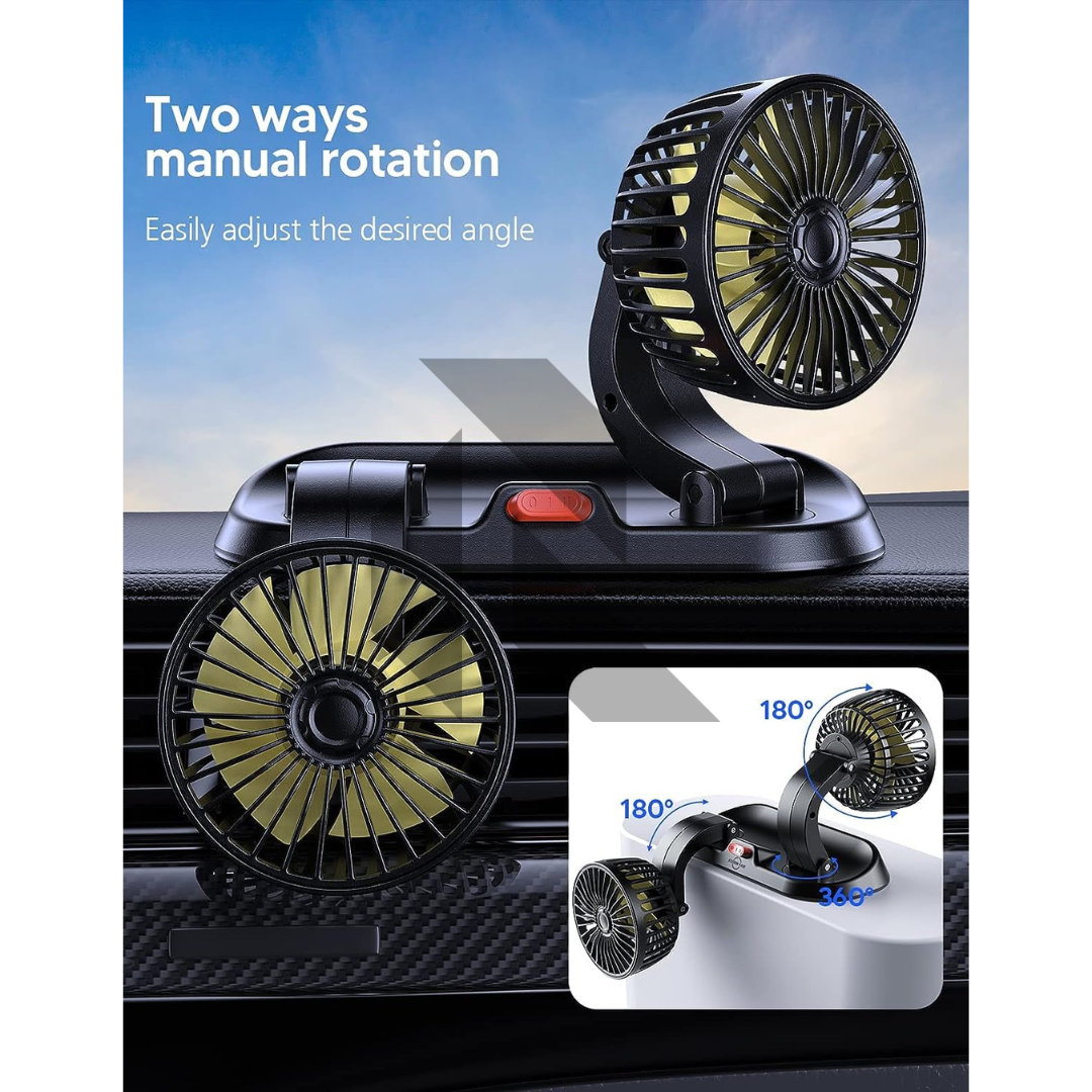 F410 Universal Powerful Cooling Fan 12V – Dual Head 360° Rotatable Car Dashboard Fan